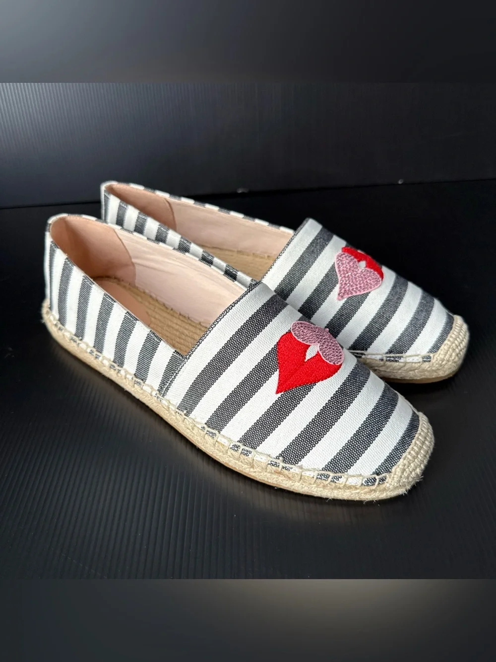 NIB Kate Spade Black White Gimlet Heart Lips Espadrille Shoes Women’s Size 9.5